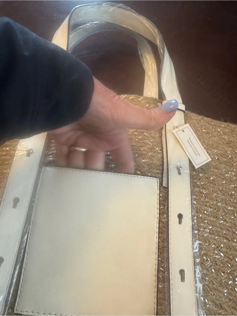 Woven Straw Tote Bag with White Leather Straps